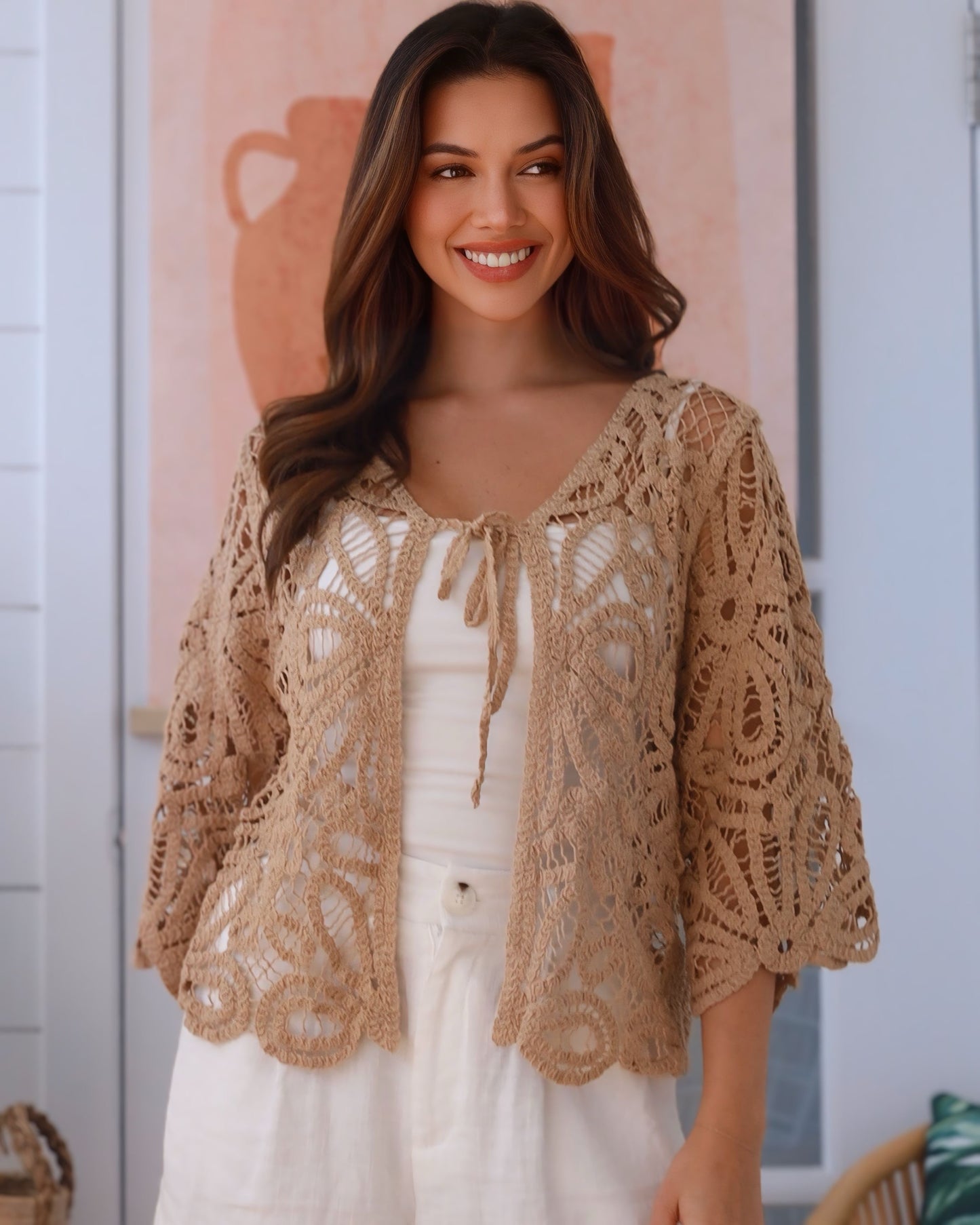 Mocha Tye Front Crochet Cardigan
