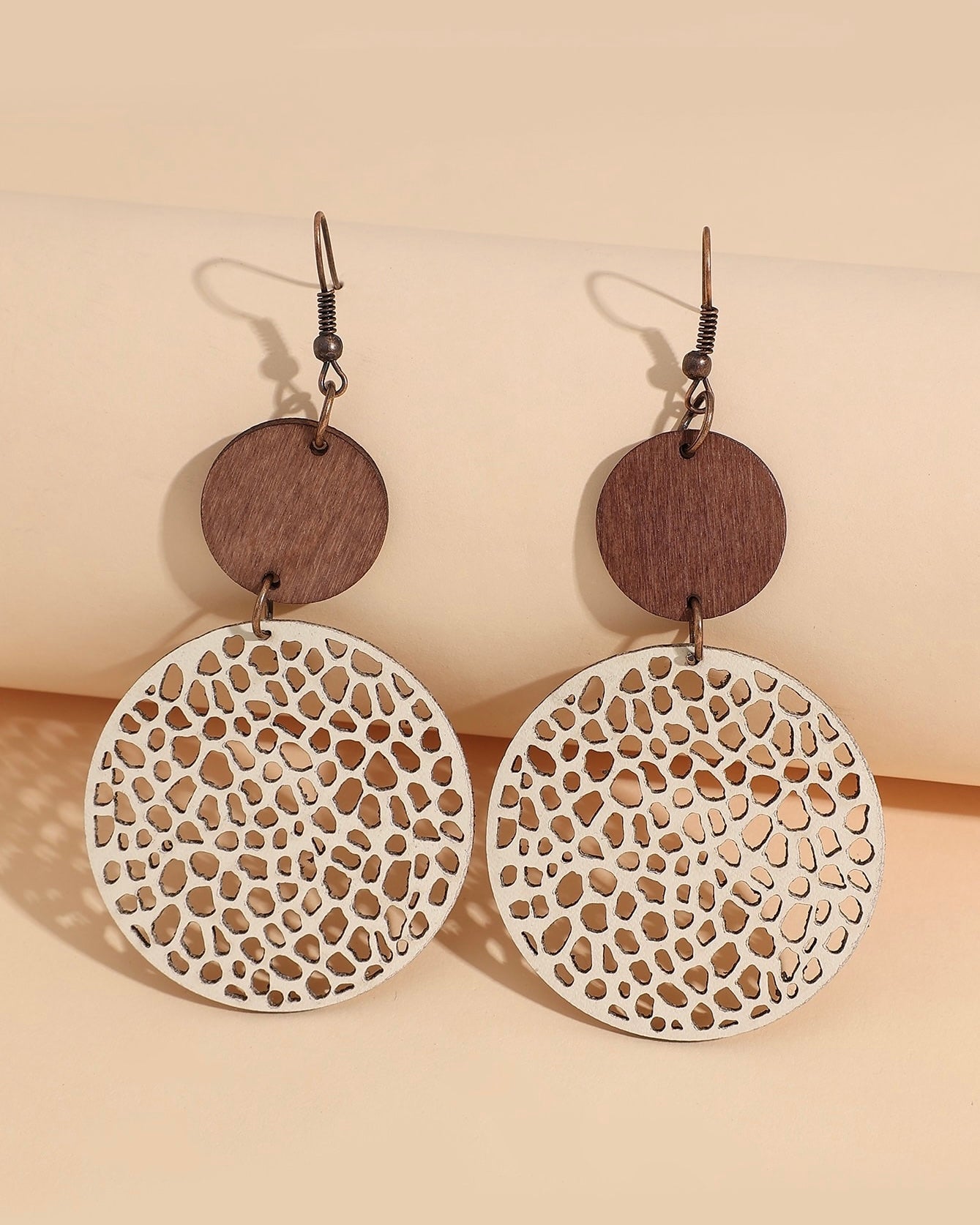 Round Hollow Beige Earrings