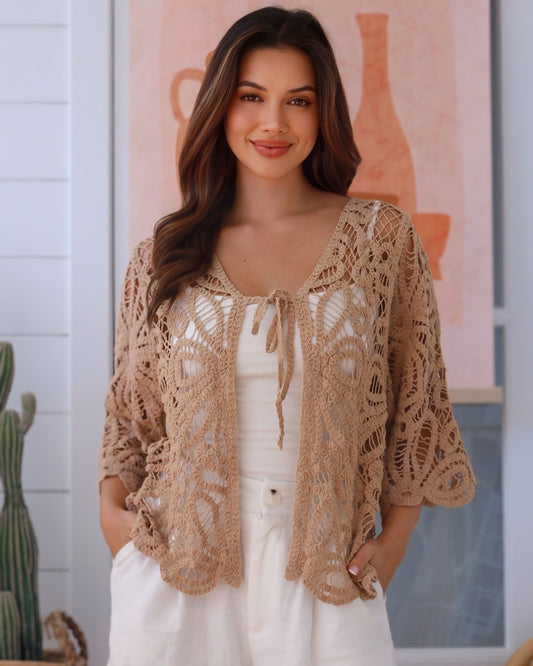 Mocha Tye Front Crochet Cardigan