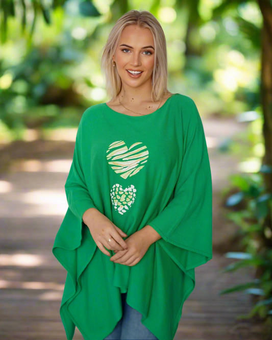 Olive Heart Print Poncho