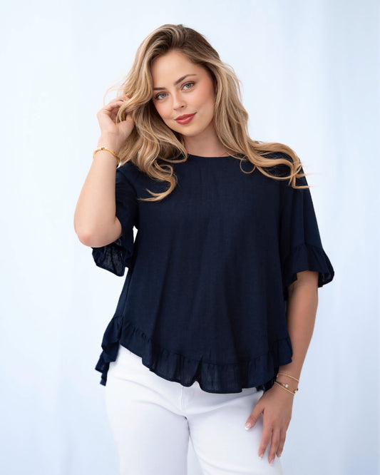 Penny Linen Frill Trim Top