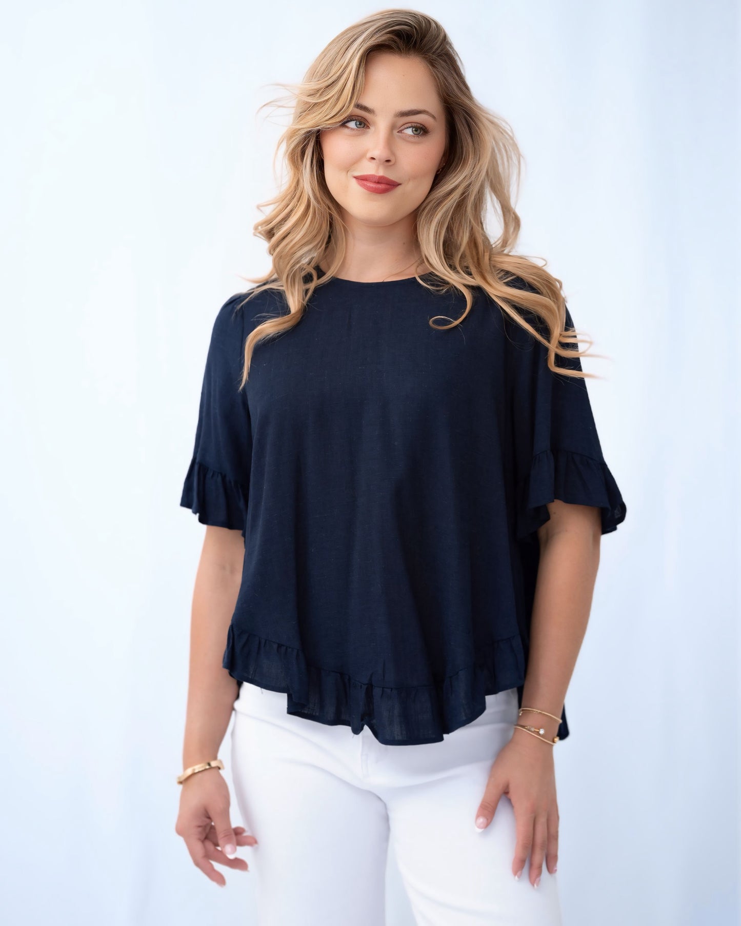Penny Linen Frill Trim Top