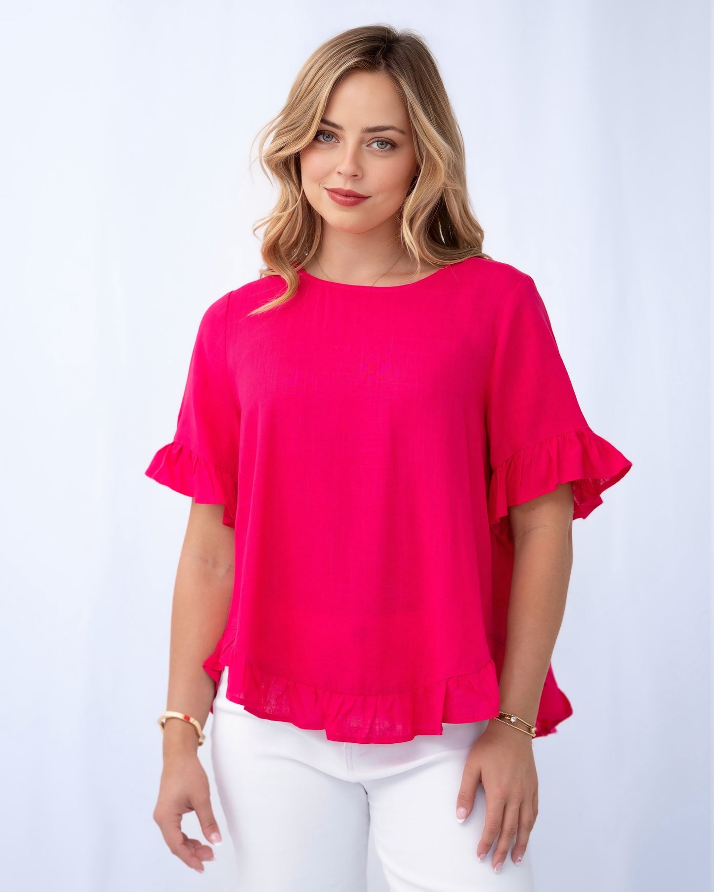 Sally Linen Frill Trim Top