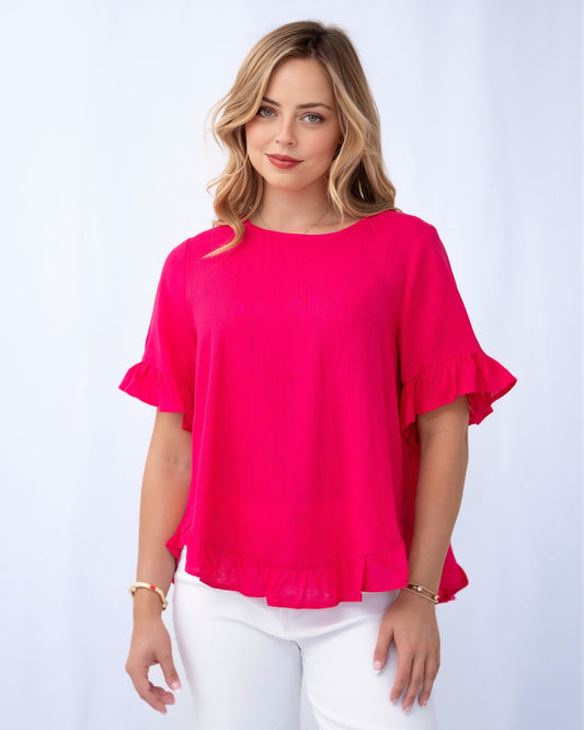 Sally Linen Frill Trim Top