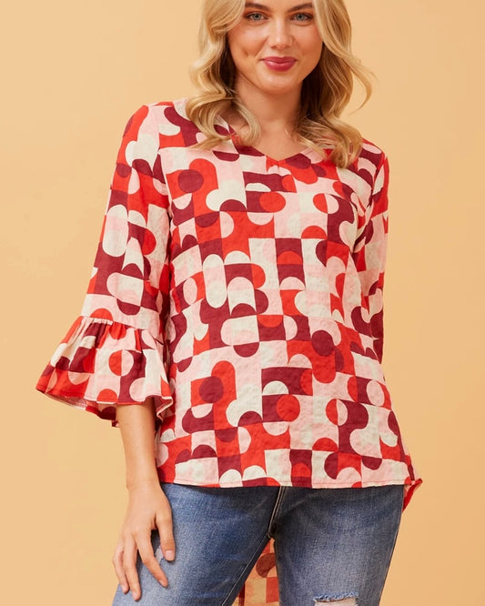 Flute Sleeve Red Printed Blouse