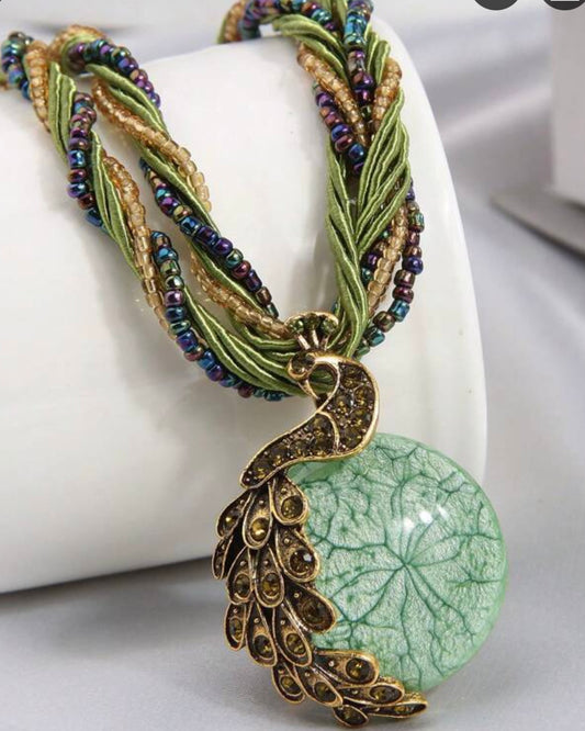 Peacock Charm Beaded Green Necklace