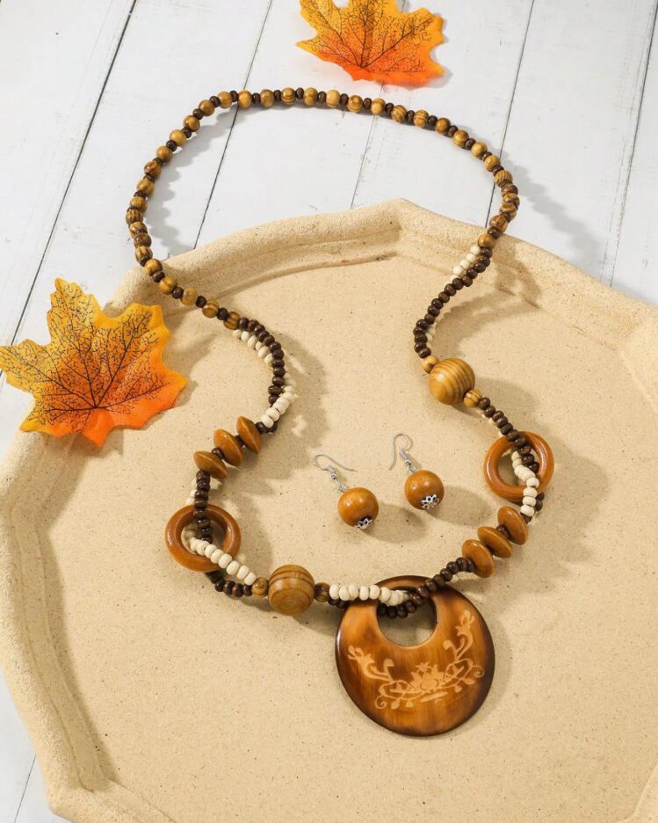 Wooden Circle Beaded  Necklace
