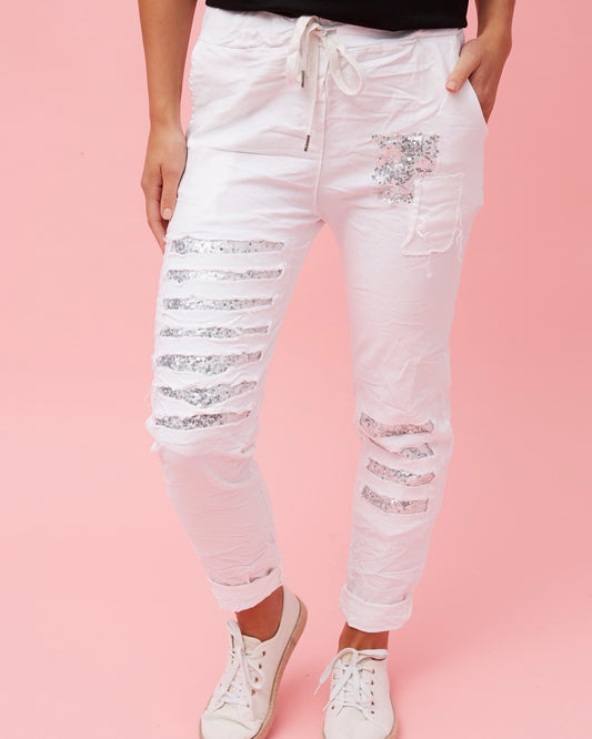 Italian Sequin Patch White Jogger