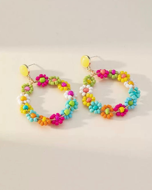 Beaded Flower Hoop Earrings