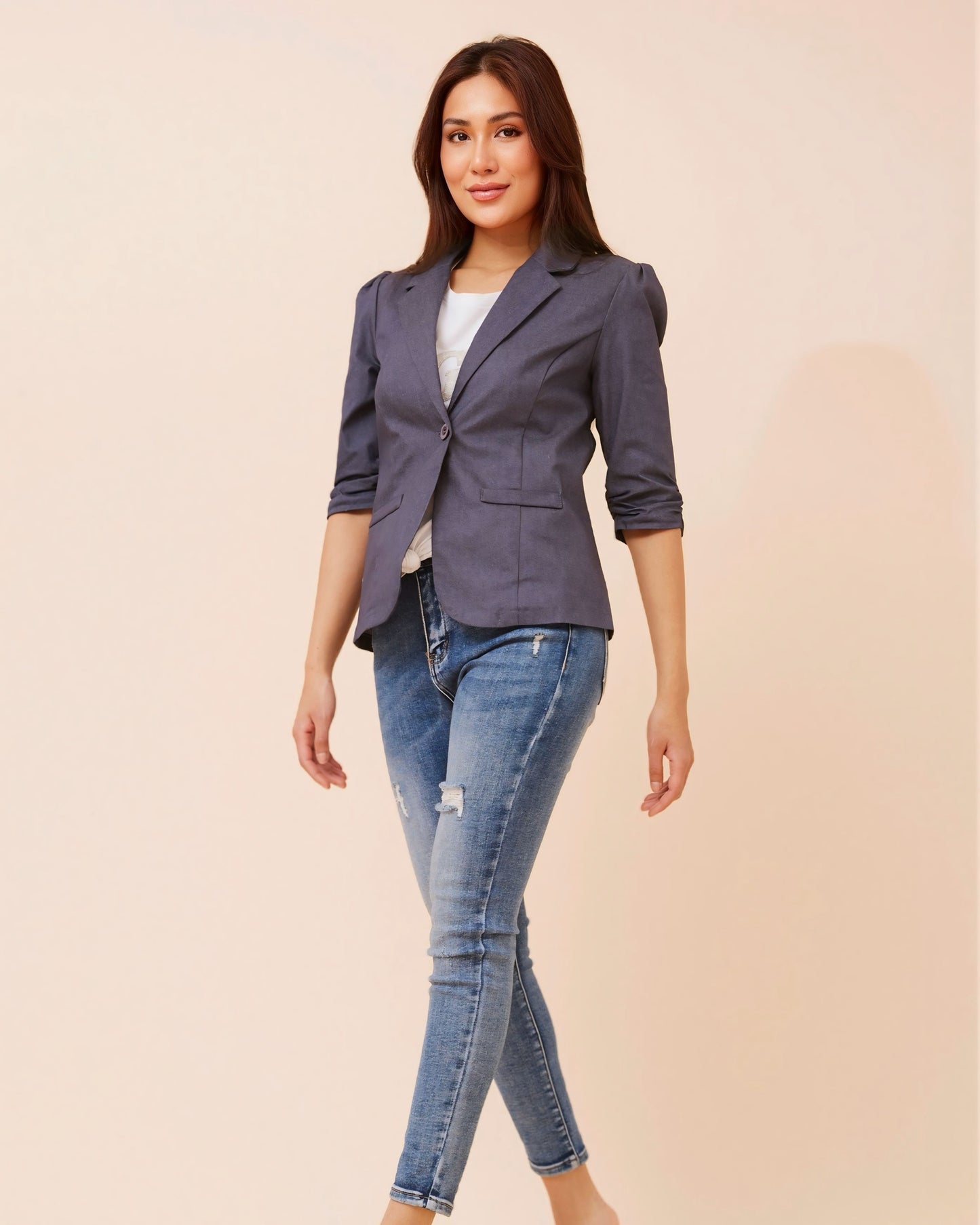 Vivian Ruched Sleeve Stretched Blazer